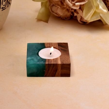 Wood Tea-light Holder with Translucent Aqua Resin Effect - 1 Piece